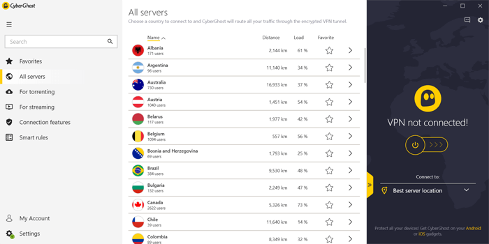 CyberGhost VPN Server and Connection